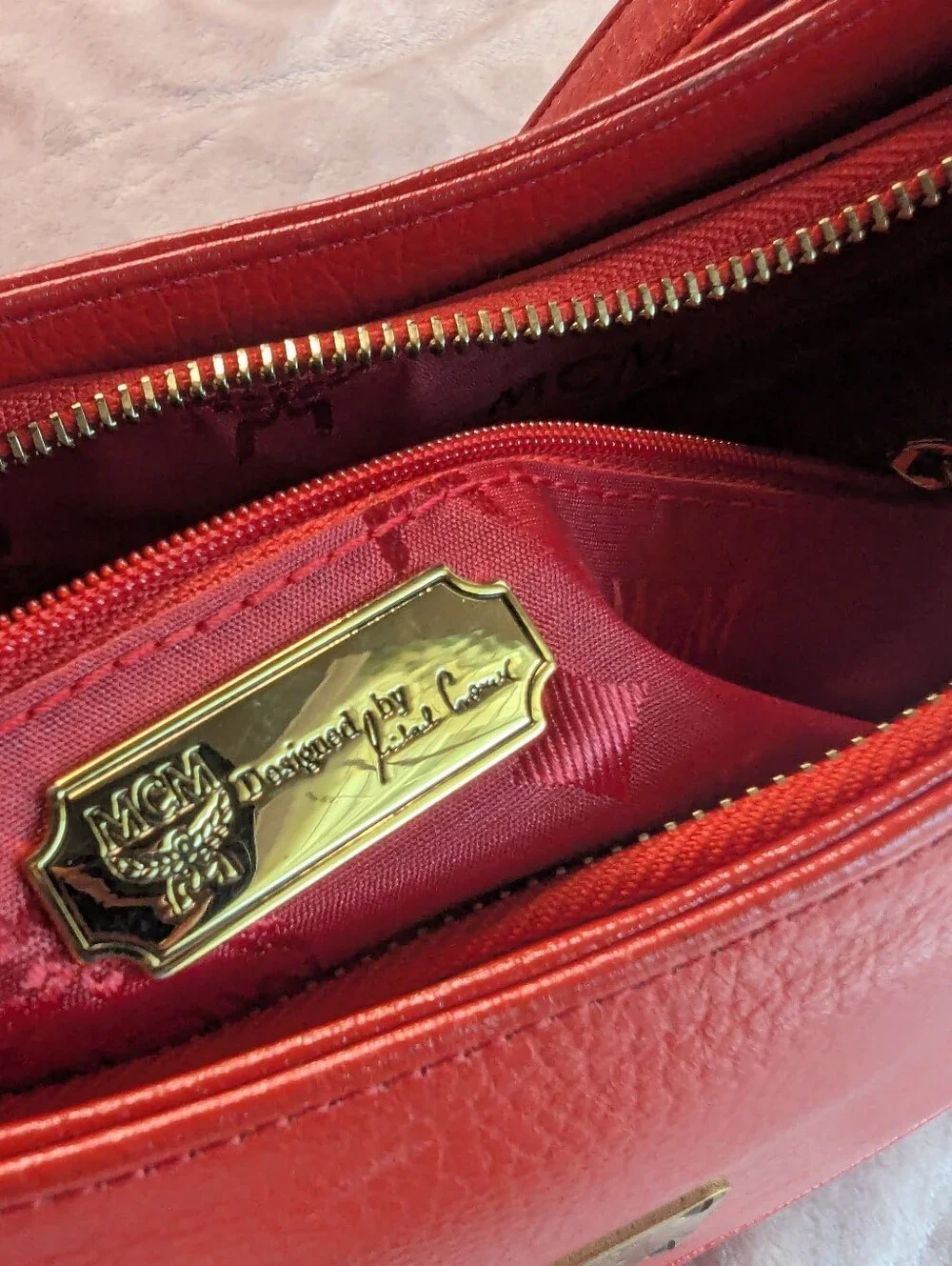 Vintage MCM Red Leather Shoulder Bag with Gold Hardware